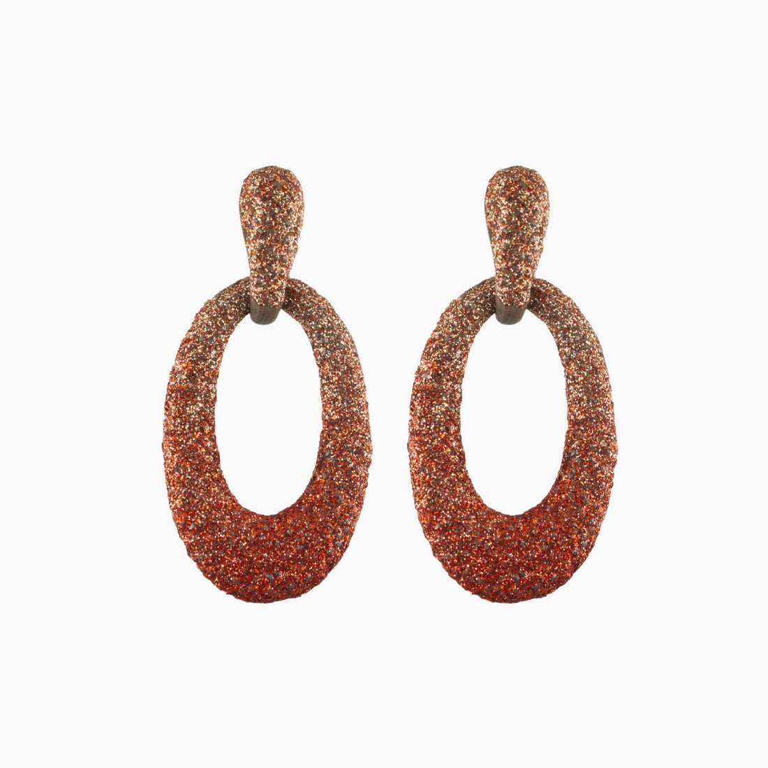 Pair of black glittery hoop earrings on a white background