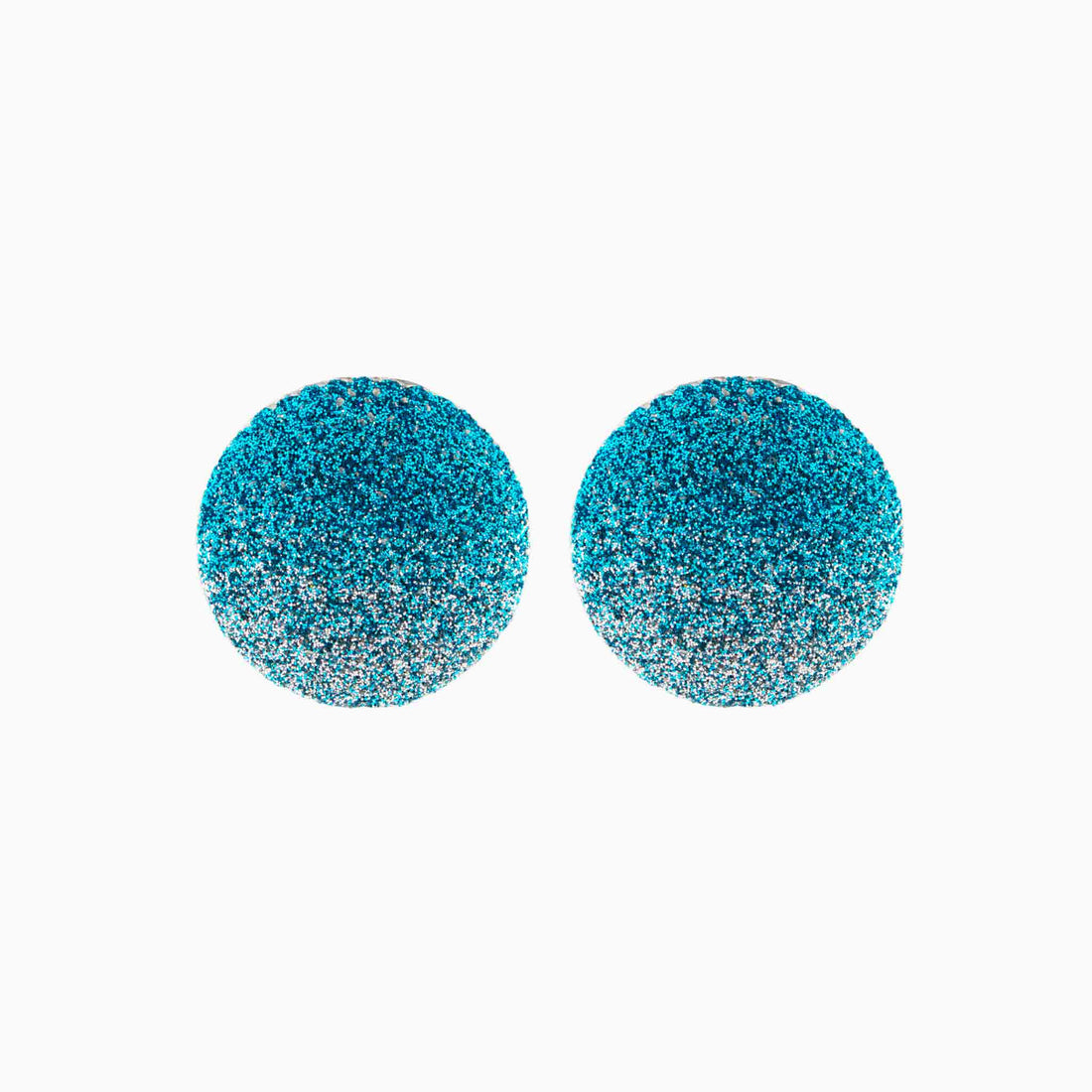 Purple and gold glittery round earrings on a white background