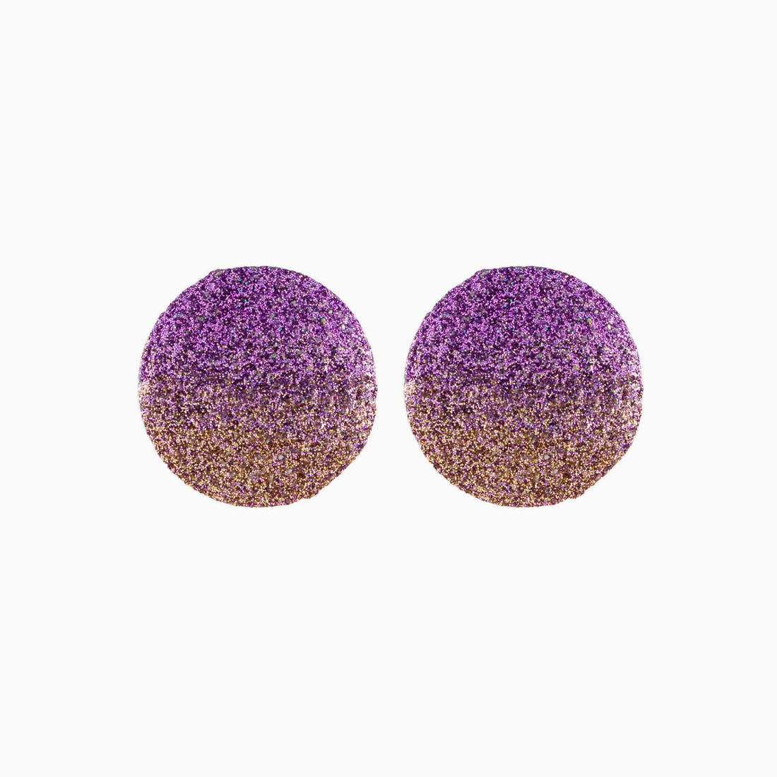 Purple and gold glittery round earrings on a white background