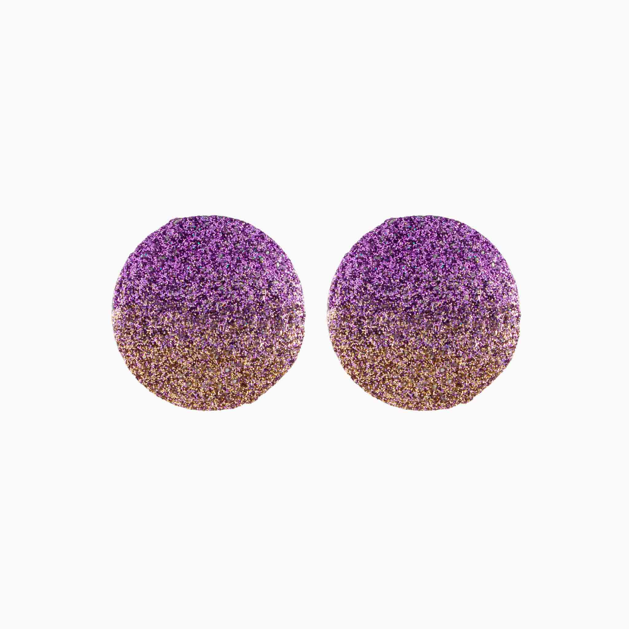 Purple and gold glittery round earrings on a white background