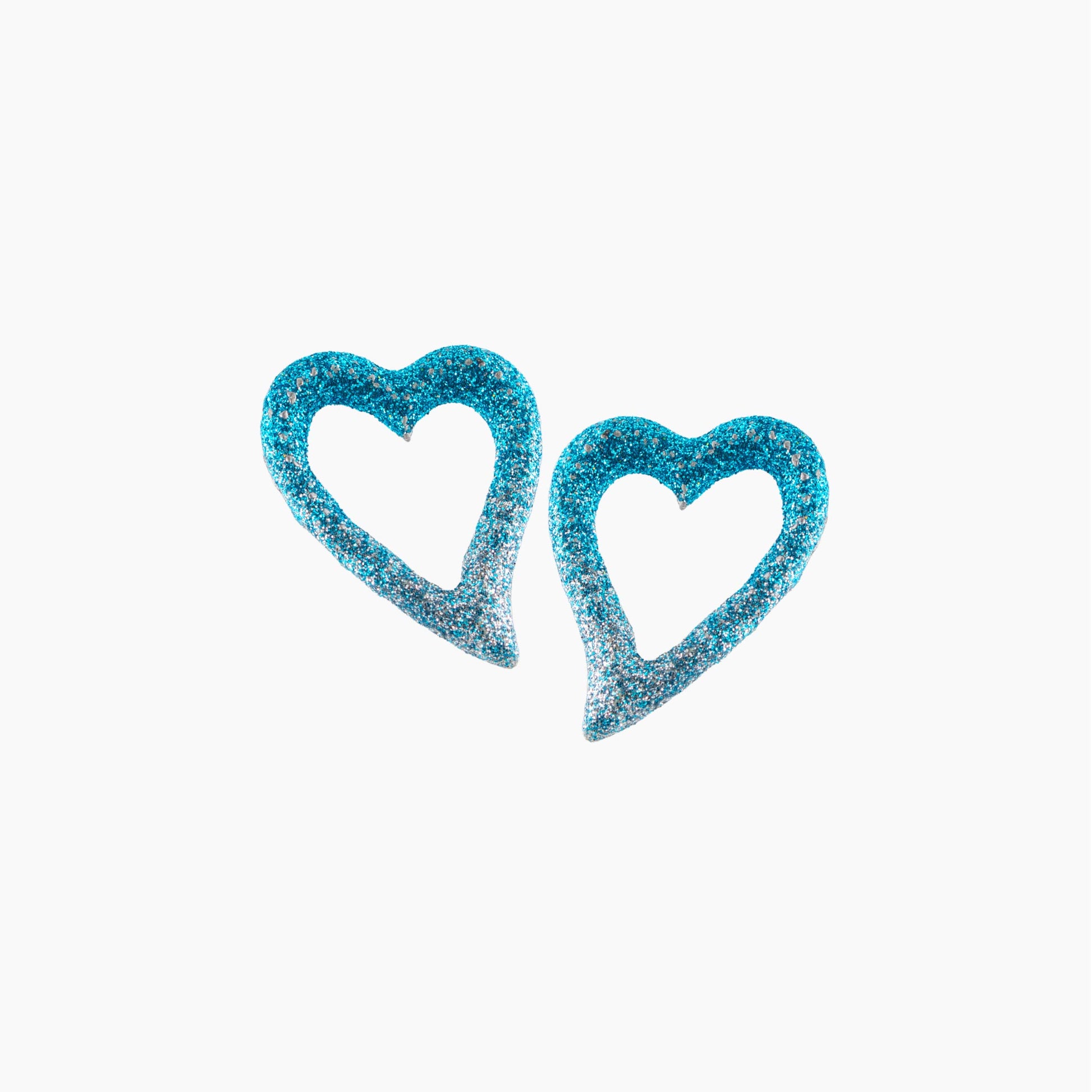 Blue glittery heart-shaped earrings on a white background