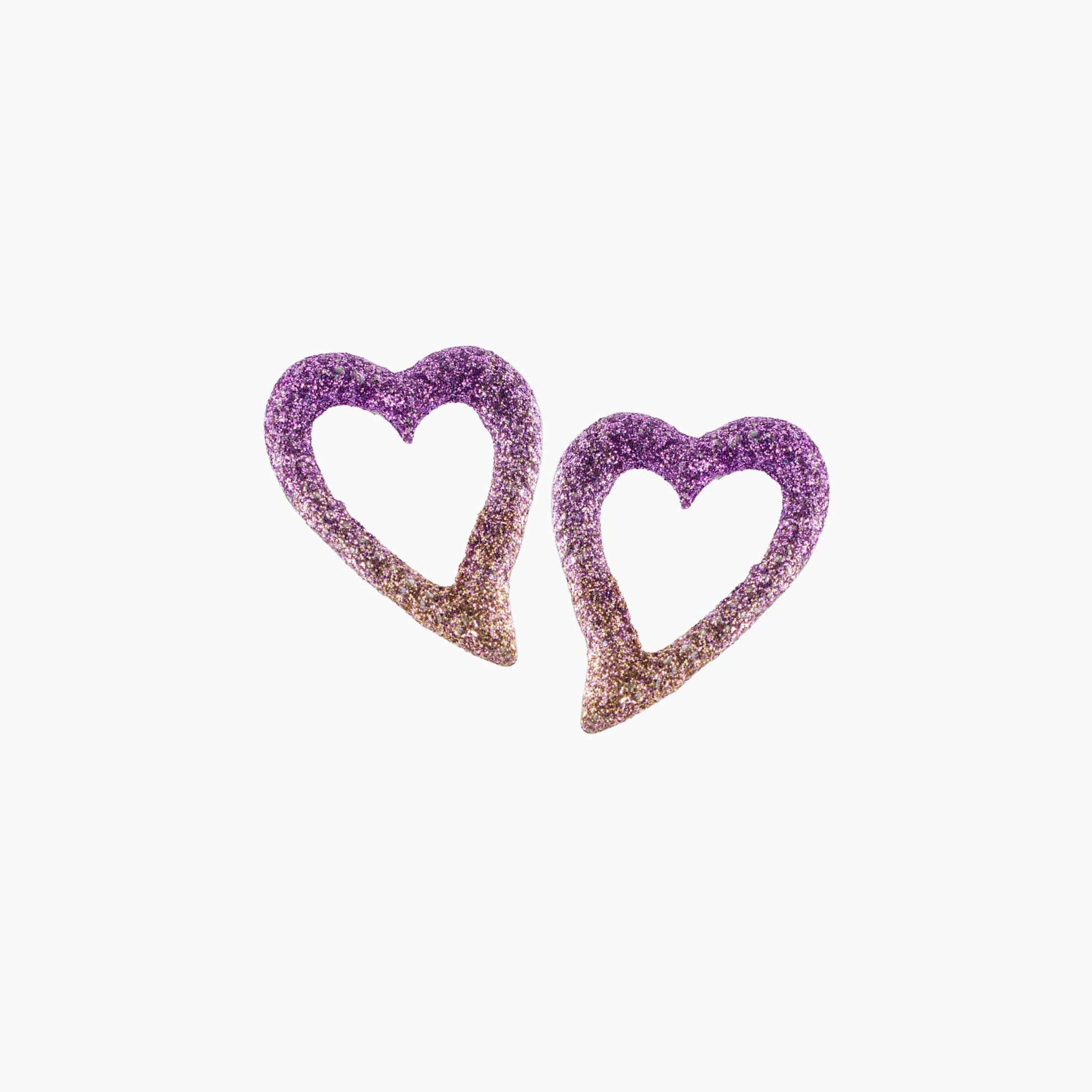 Heart-shaped earrings with a gradient of purple and pink on a white background