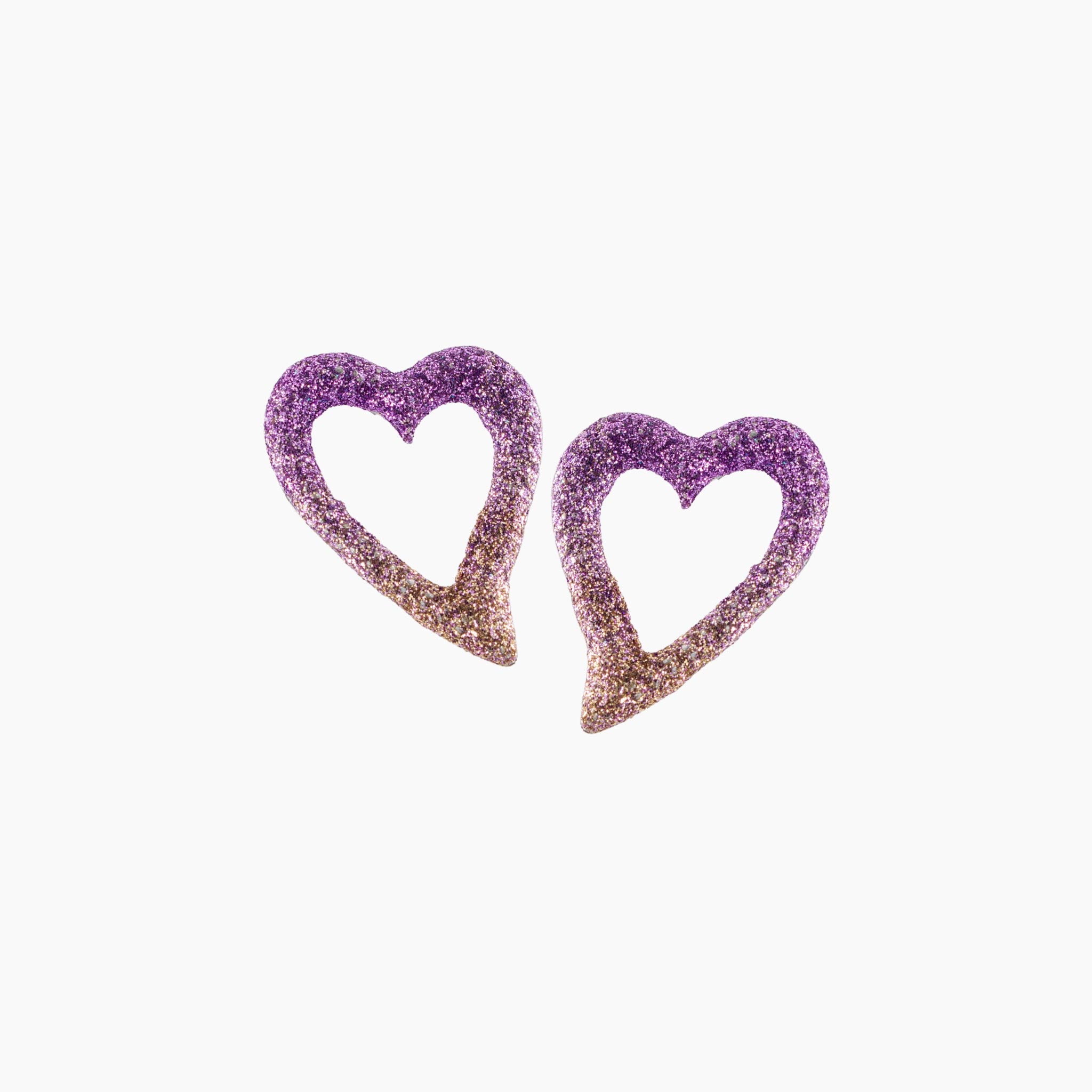 Heart-shaped earrings with a gradient of purple and pink on a white background
