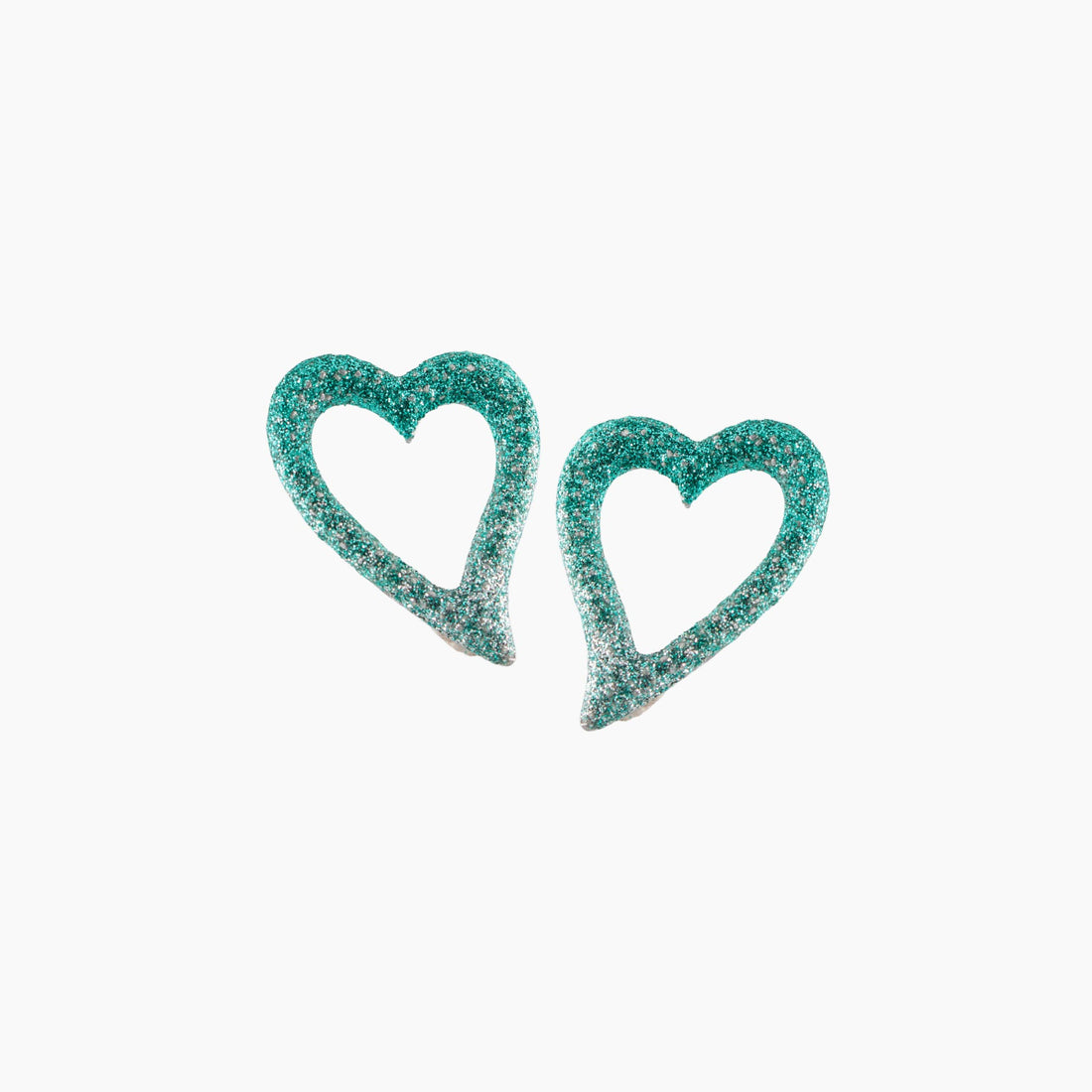 Heart-shaped earrings with a glittery finish on a white background
