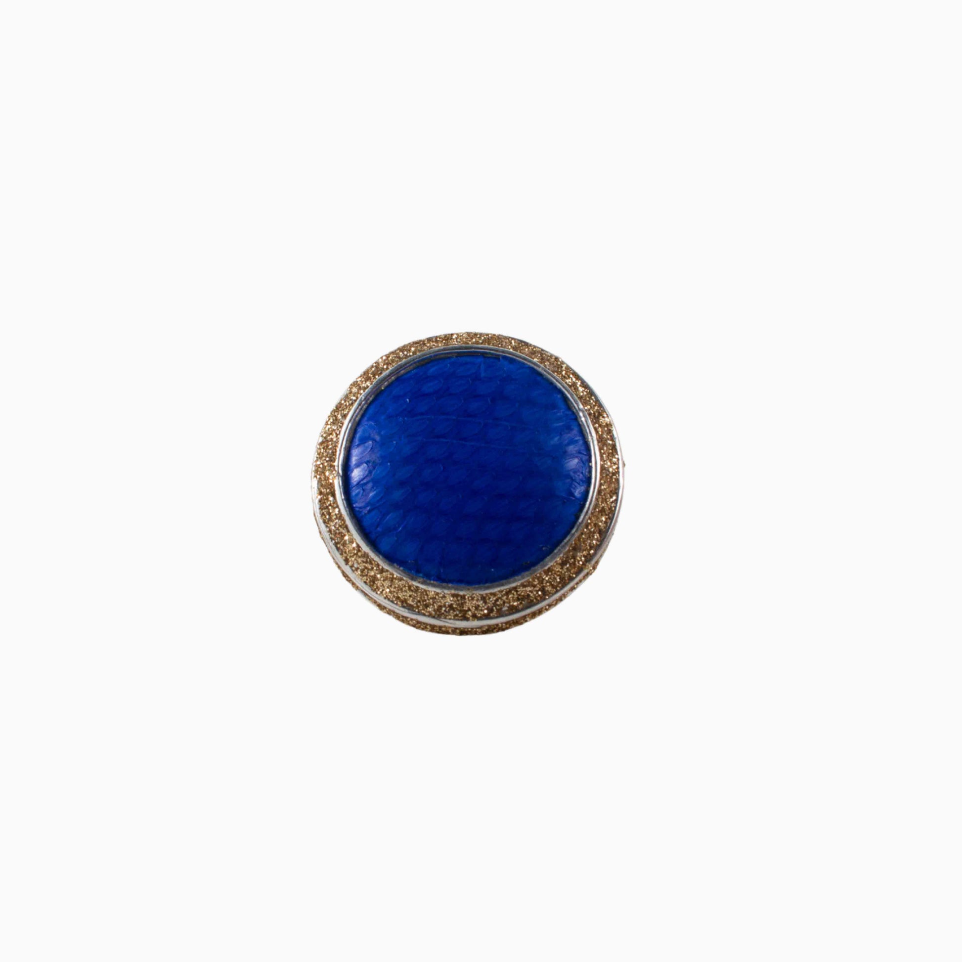 Round blue stone ring with gold band on a white background