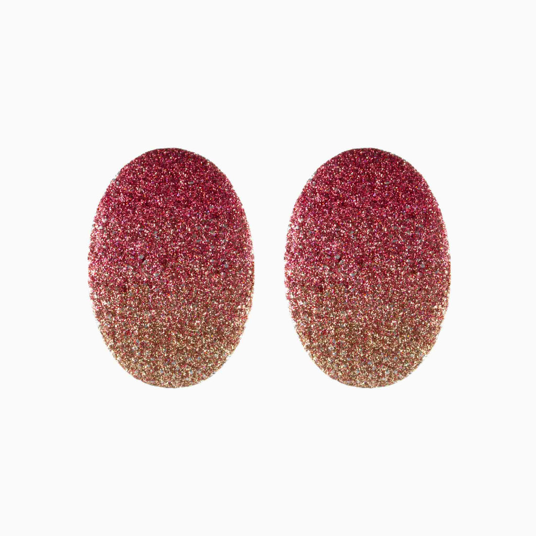 Pair of glittery pink and gold earrings on a white background