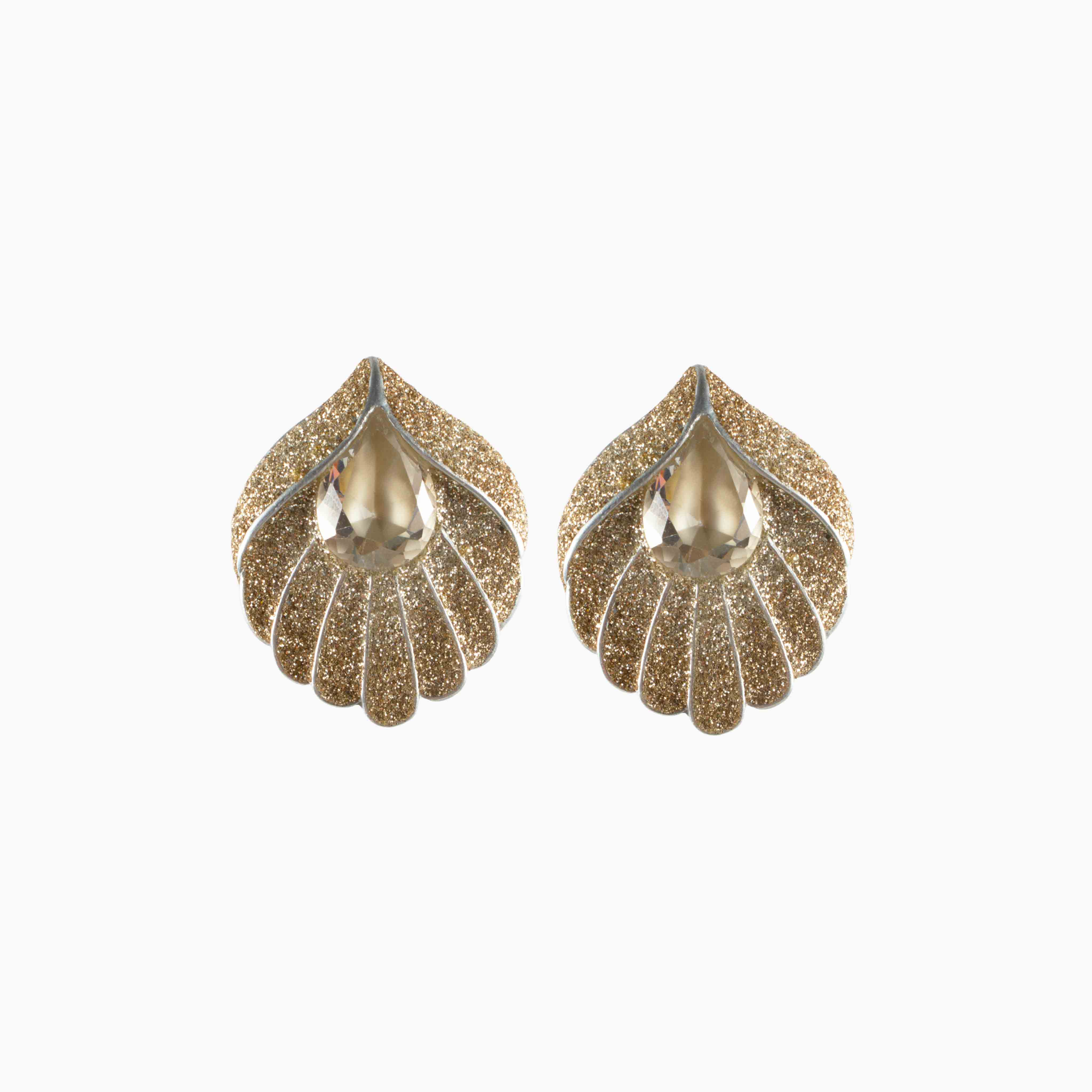 Pair of gold peacock-shaped earrings on a white background