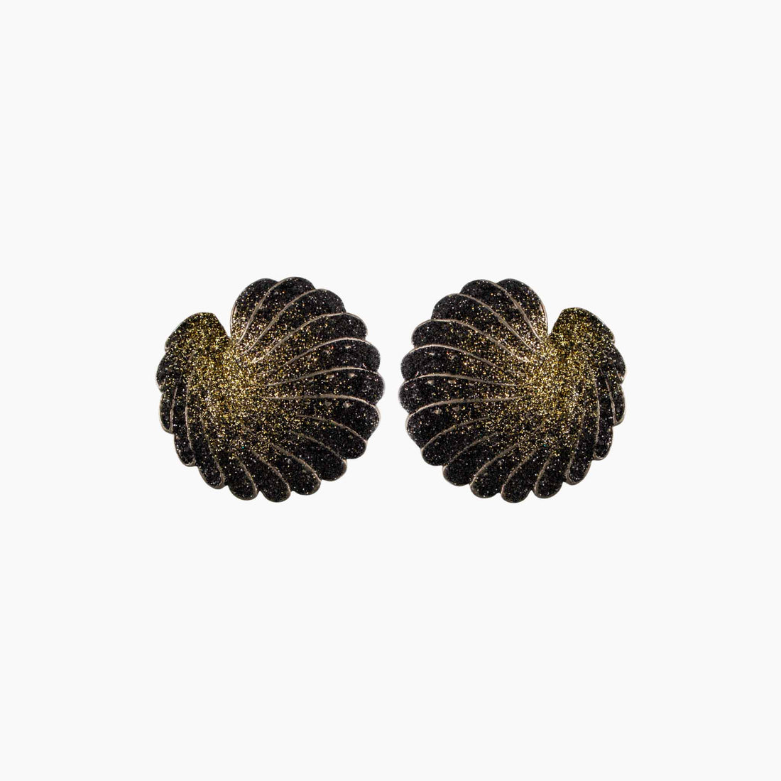 Pair of purple and gold earrings on a white background