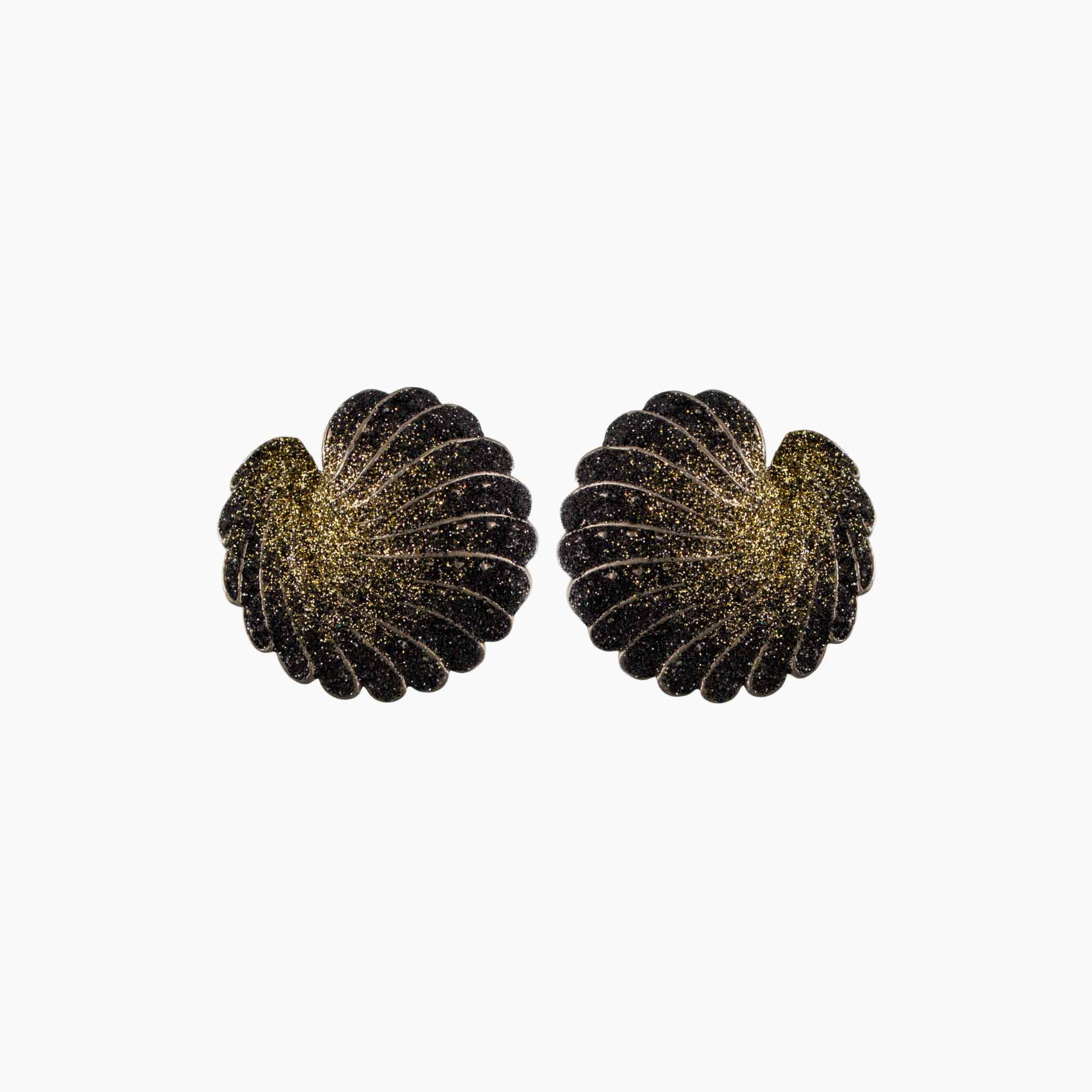 Pair of black and gold shell-shaped earrings on a white background