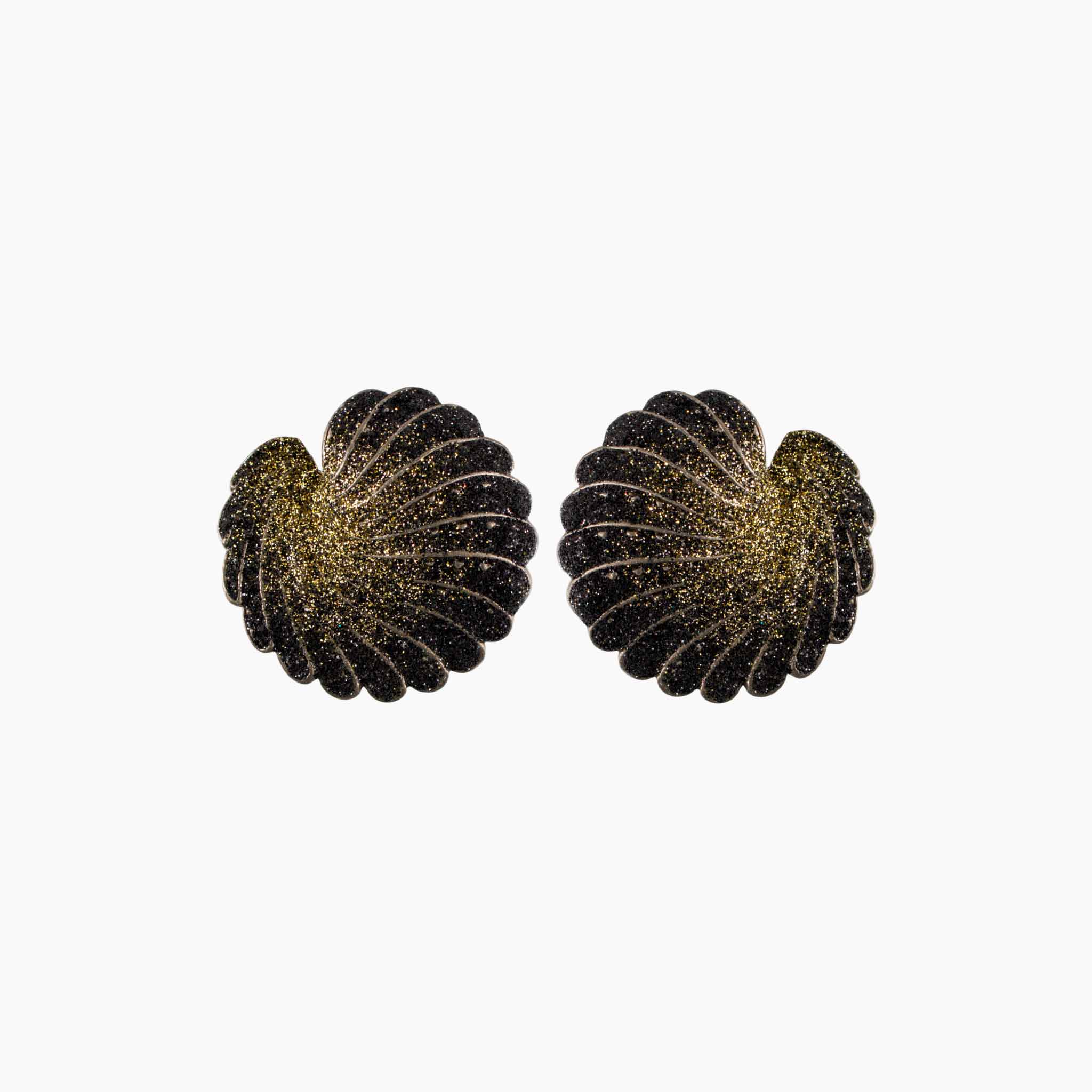 Pair of black and gold shell-shaped earrings on a white background