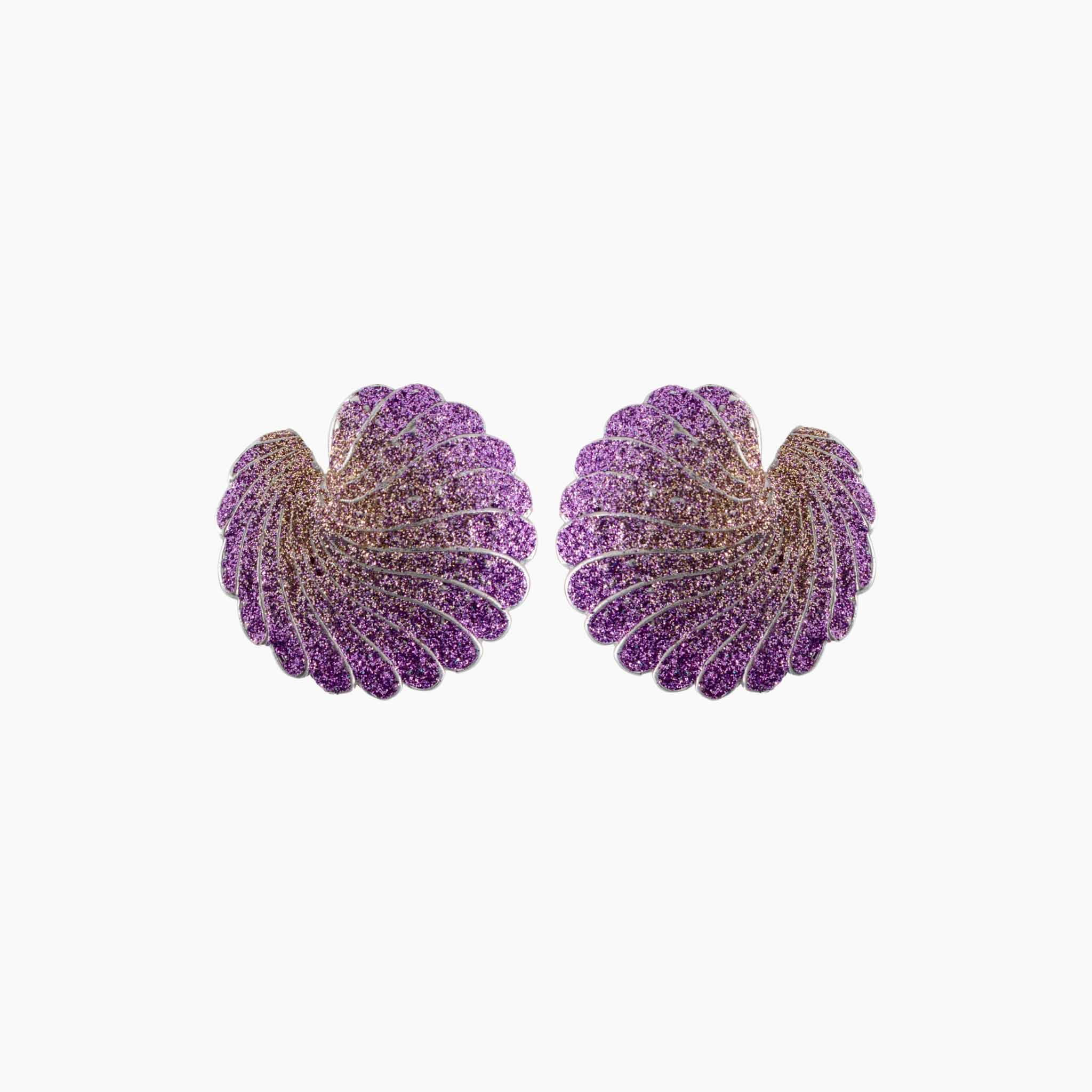 Pair of purple and gold earrings on a white background