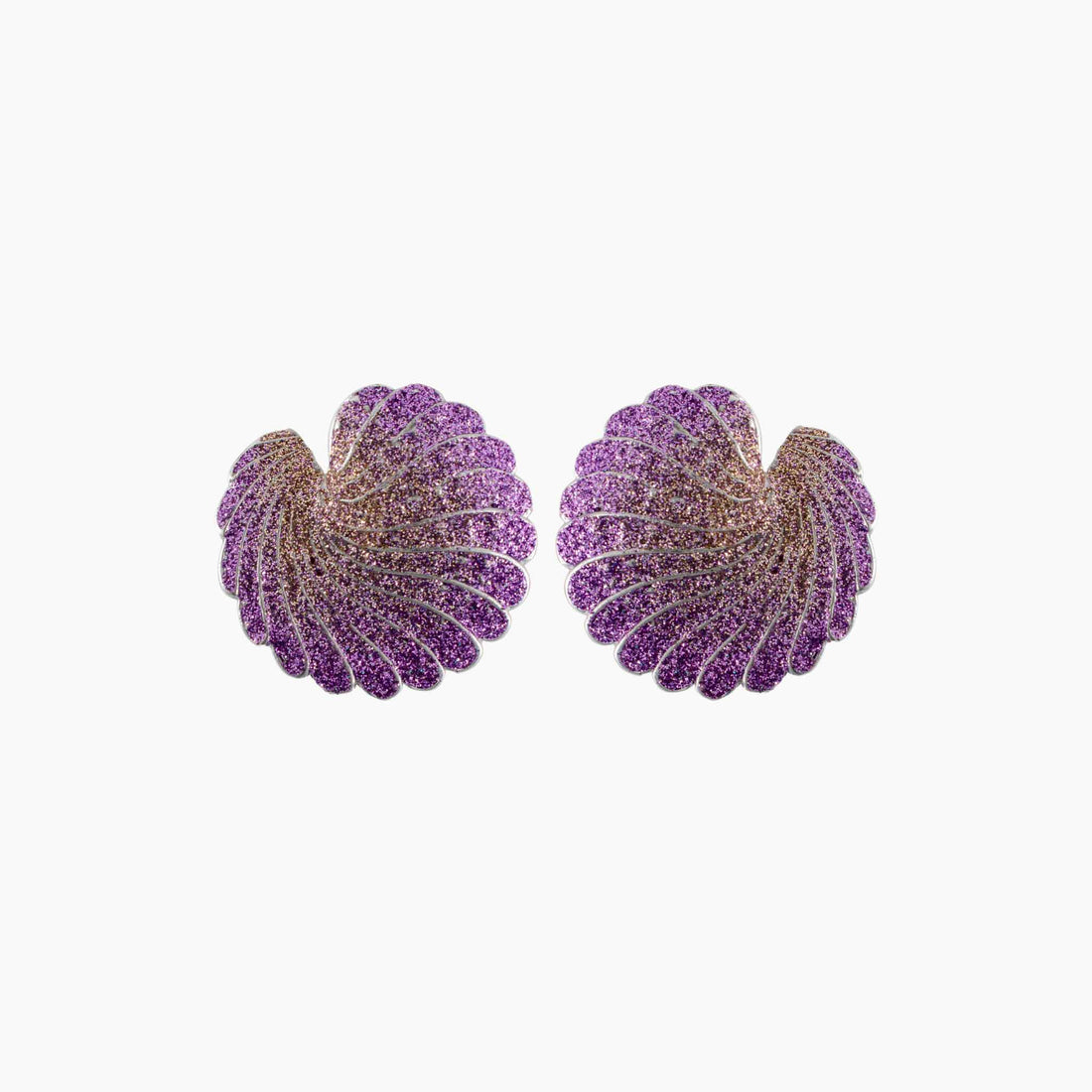 Pair of purple and gold earrings on a white background