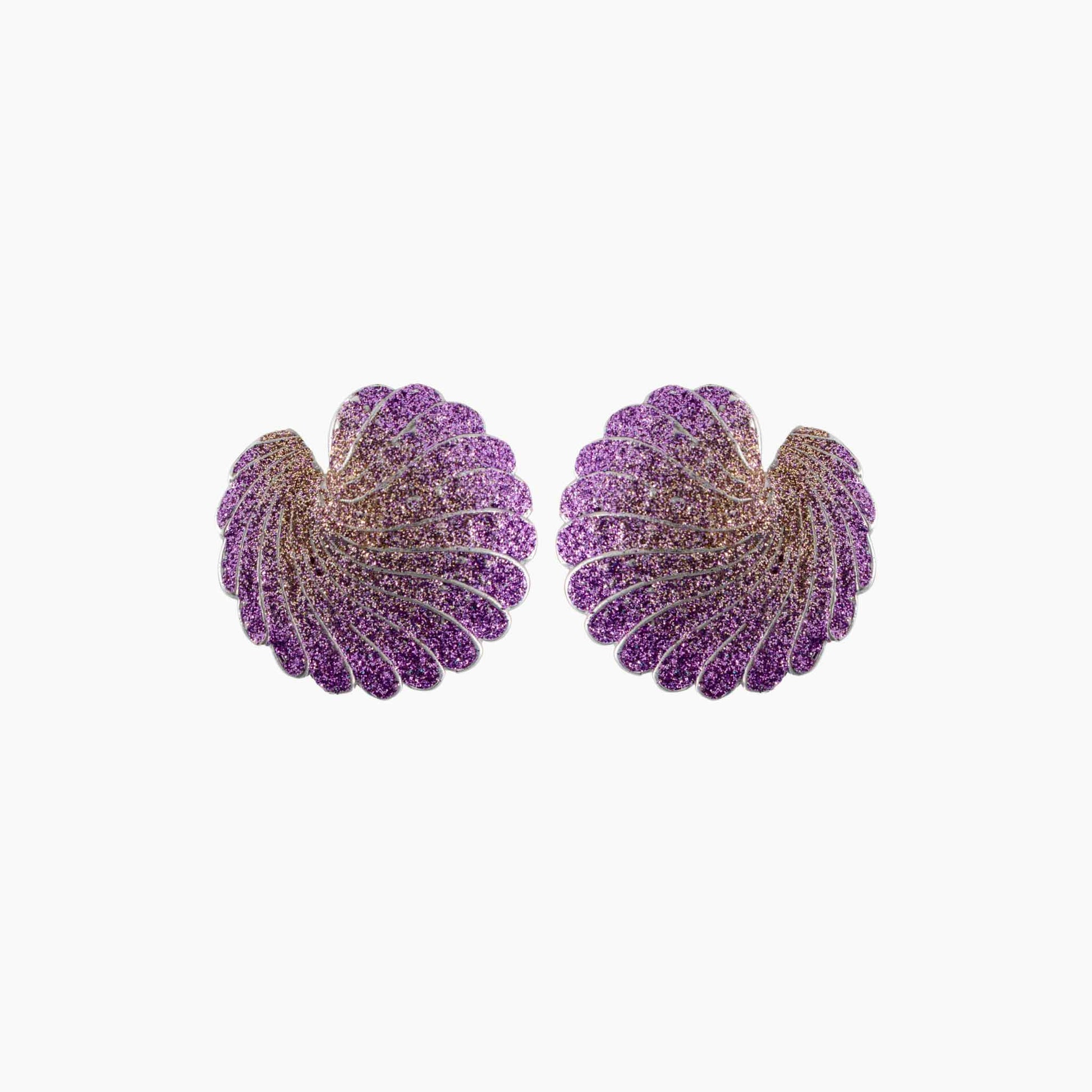 Pair of purple and gold earrings on a white background
