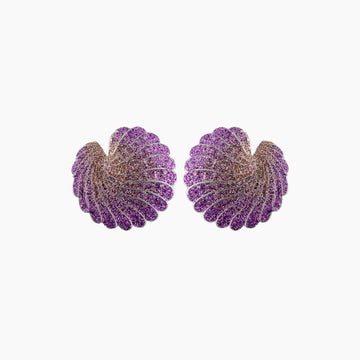 Pair of purple and gold earrings on a white background