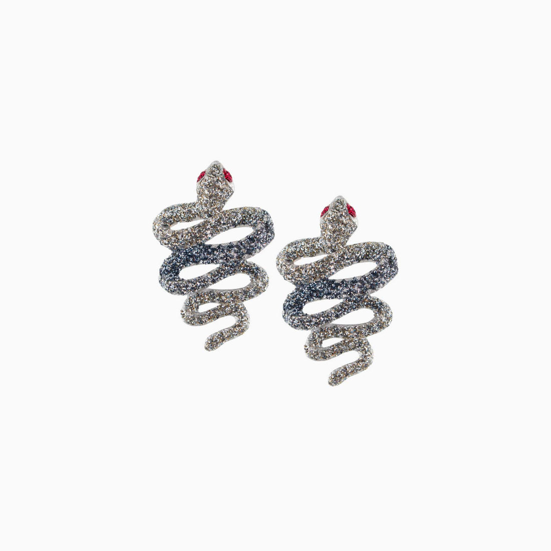 snake-shaped earrings with glittery texture on a white background