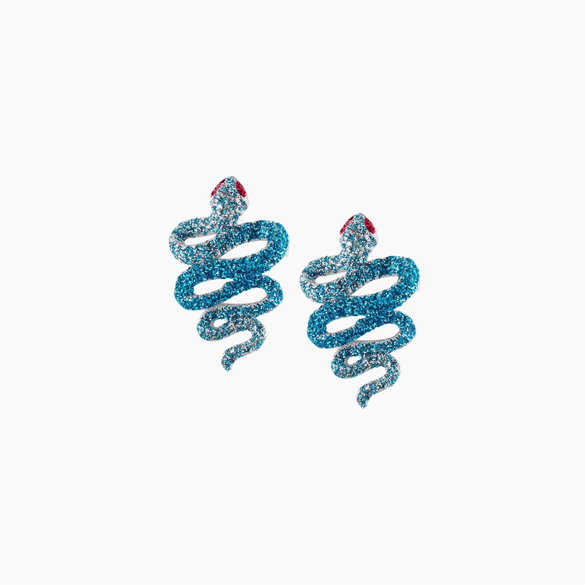 Blue glittery snake-shaped earrings on a white background
