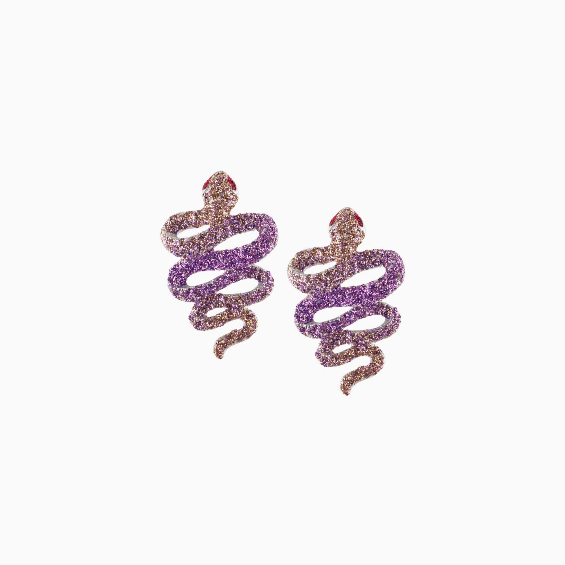 Pair of spiral earrings with purple and gold gradient on a white background