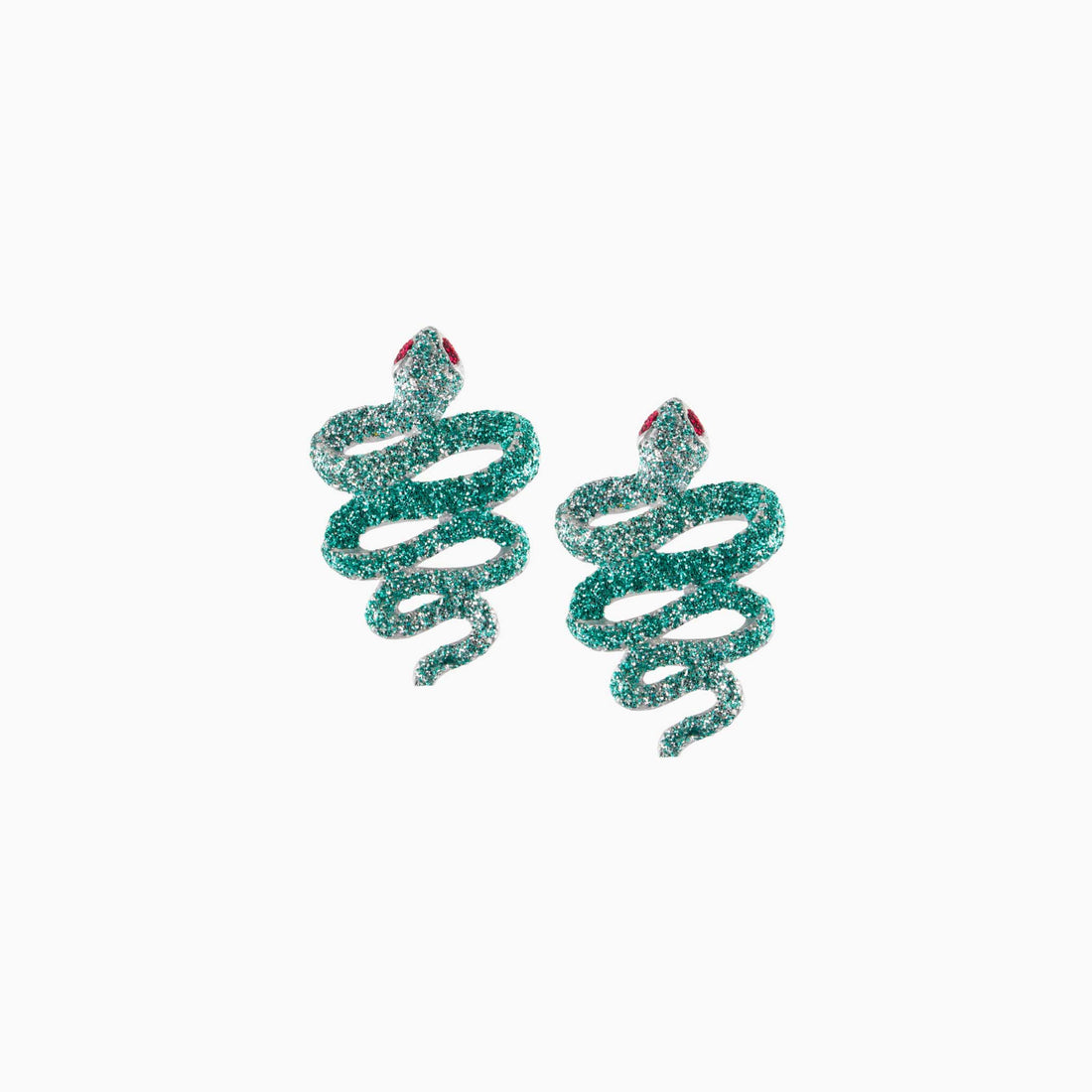 snake-shaped earrings with glittery texture on a white background