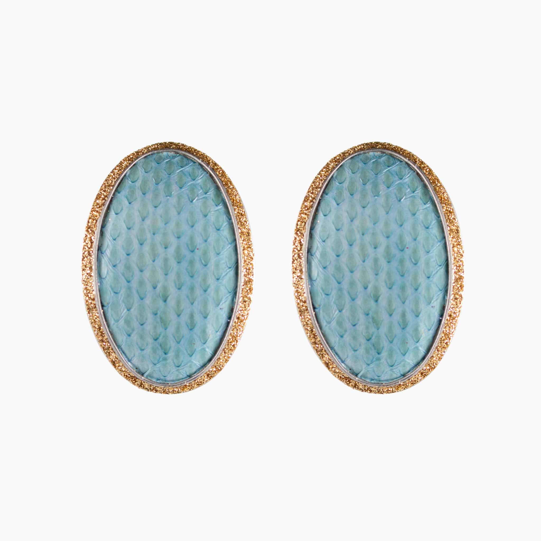 Pair of earrings with blue textured centers and gold borders on a white background