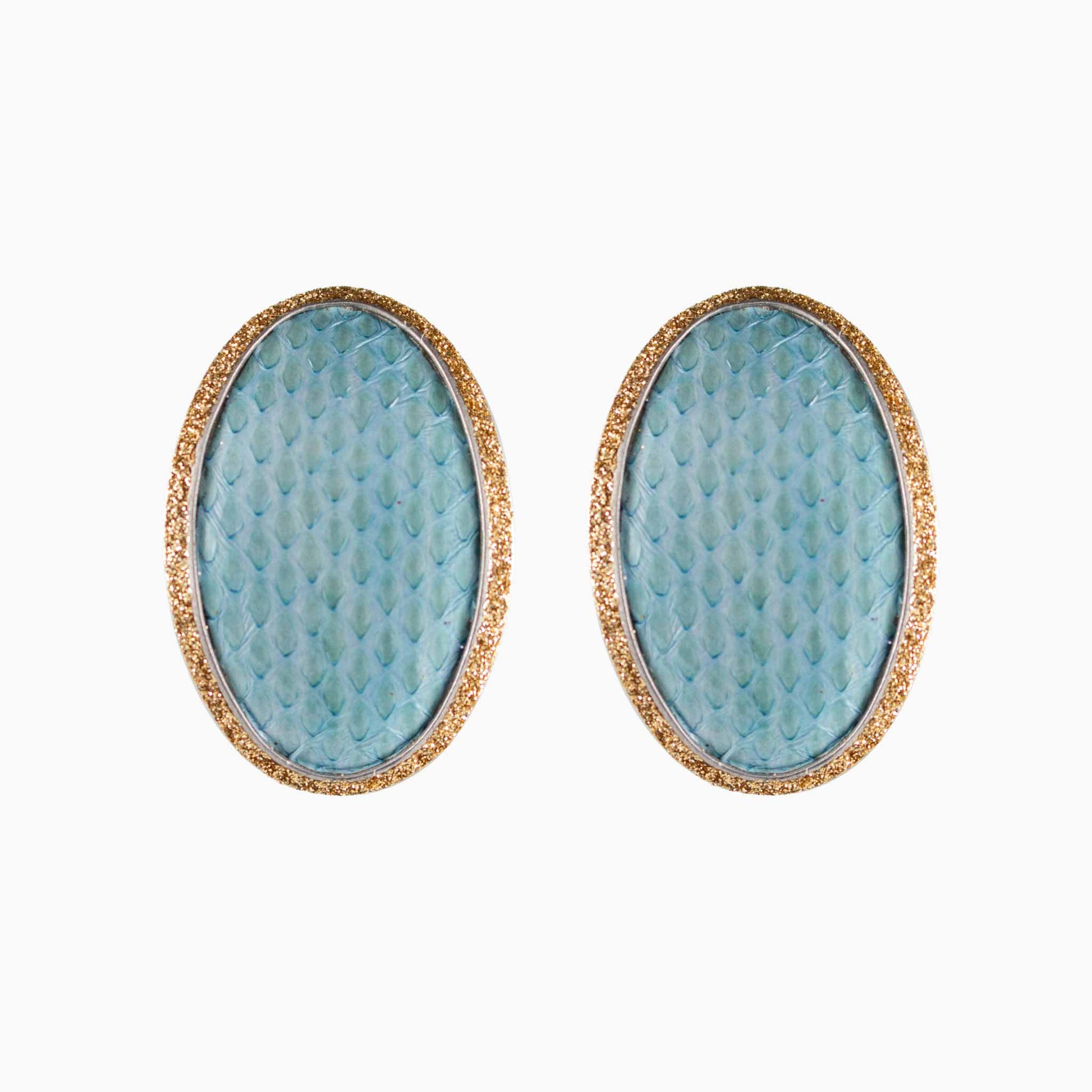 Pair of earrings with blue textured centers and gold borders on a white background