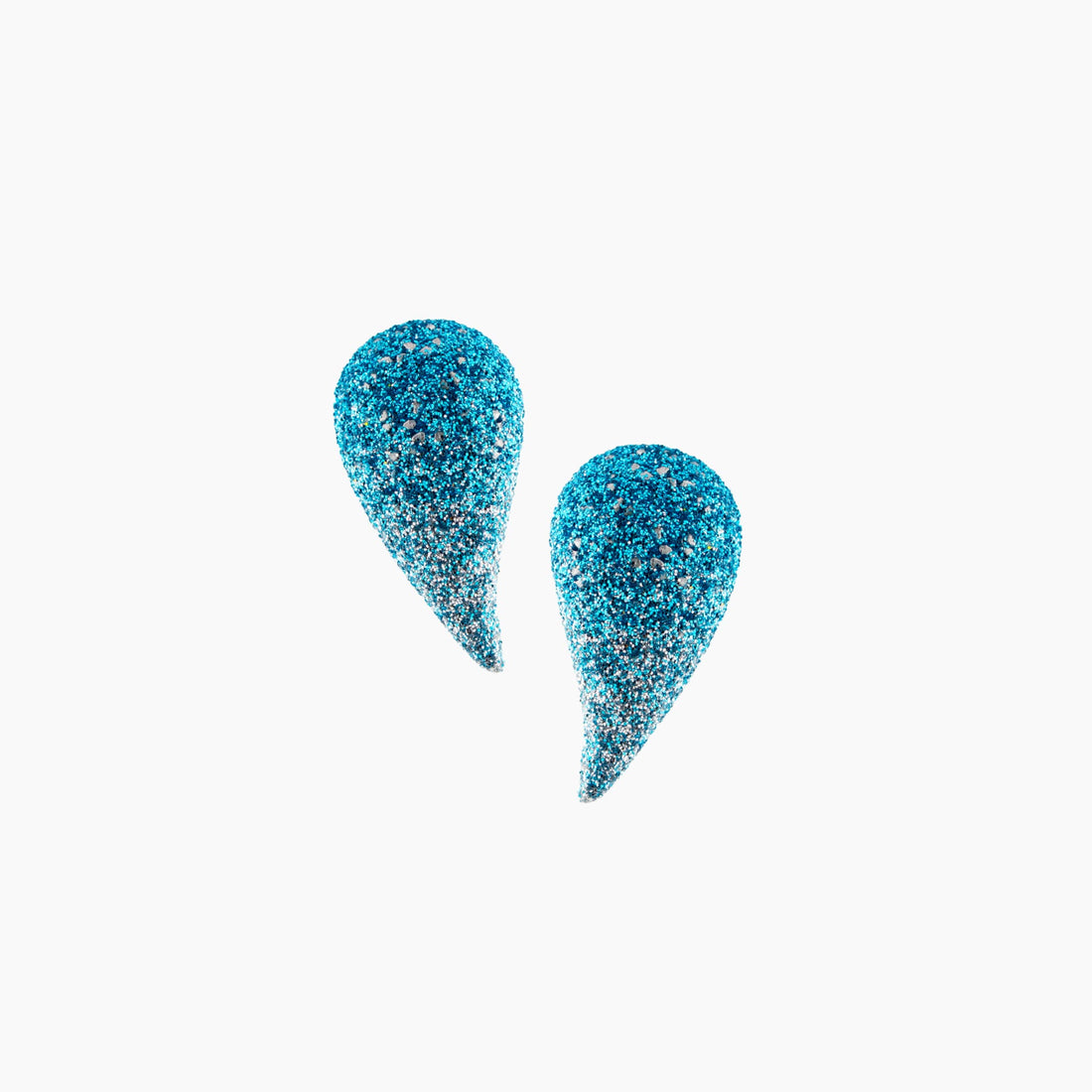 Blue glittery teardrop-shaped earrings on a white background
