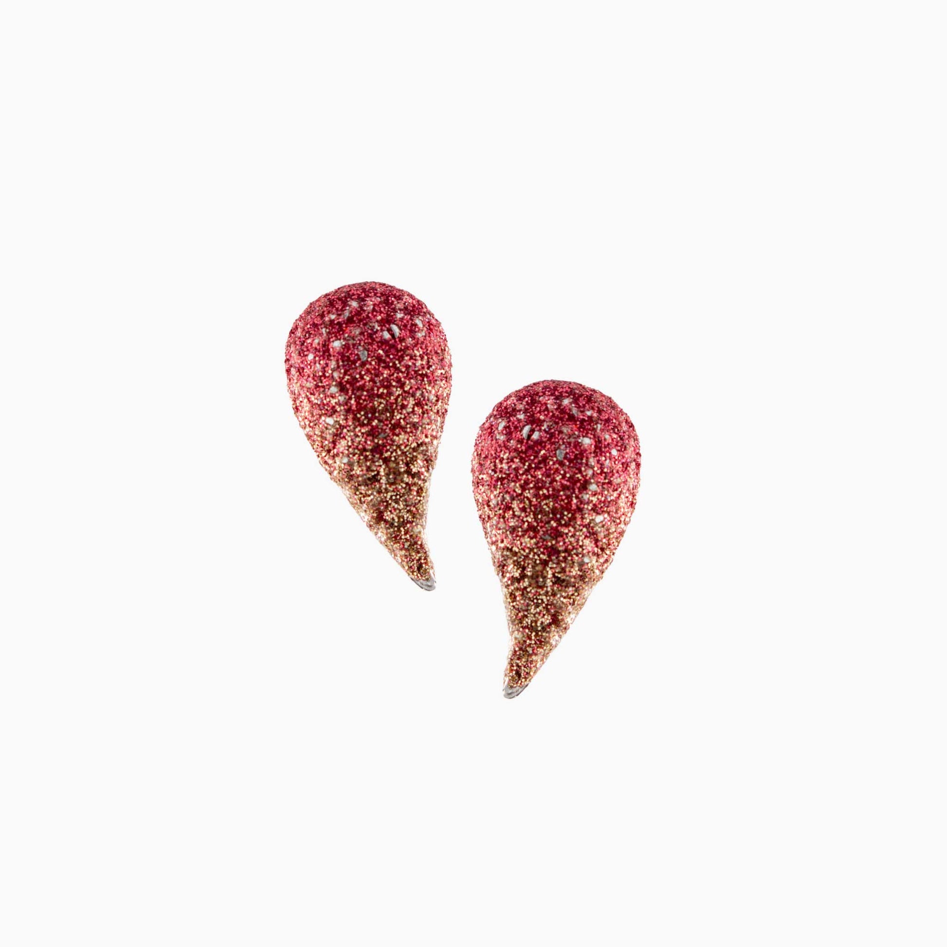 Pair of red and gold teardrop-shaped earrings on a white background