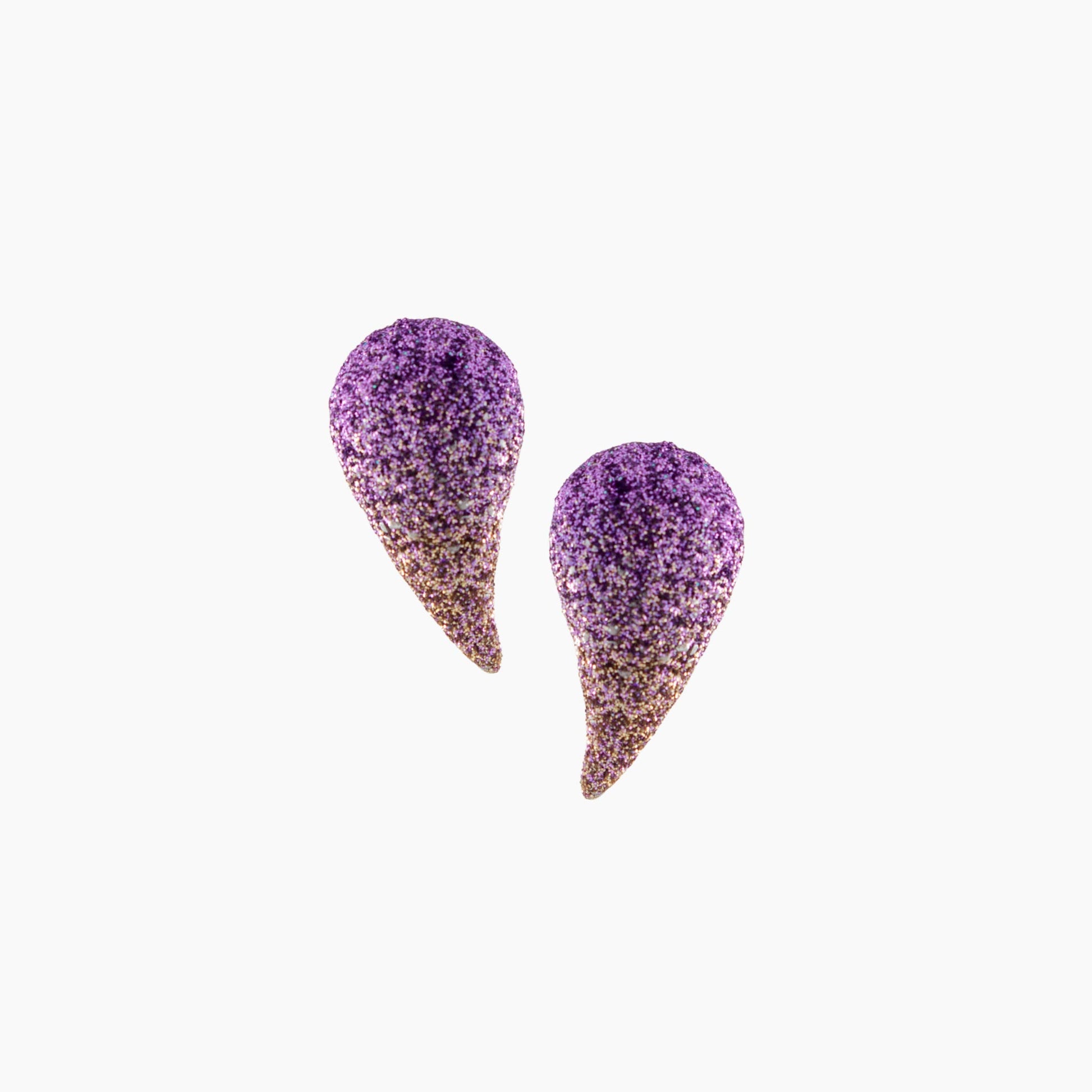 Purple and brown teardrop-shaped earrings on a white background