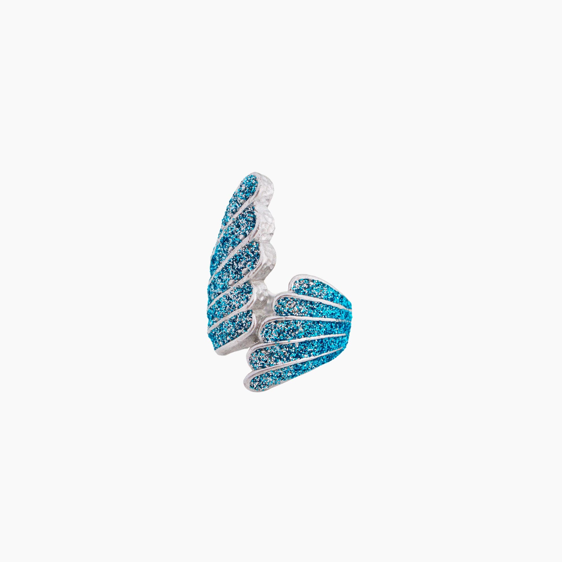 Blue and silver wavy-shaped ring on a white background